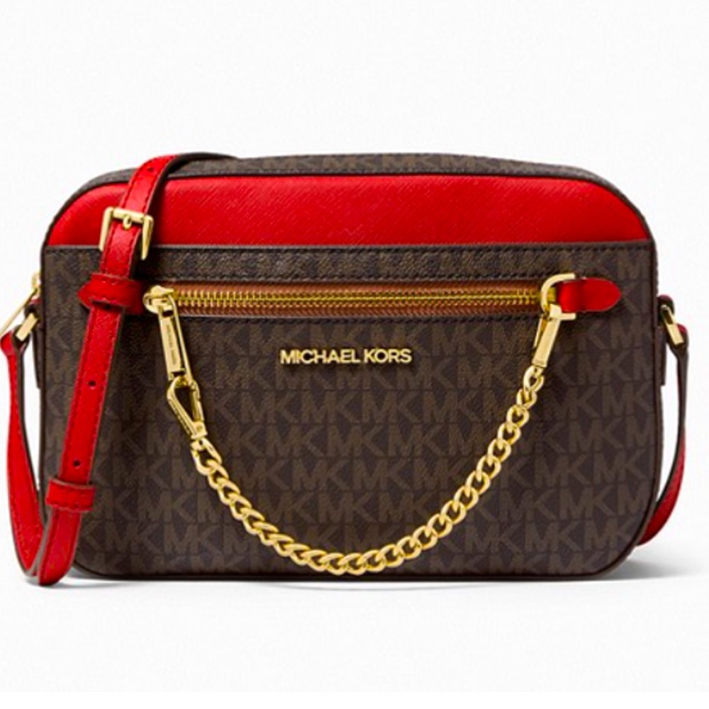 NWT Michael Kors Red/ Brown Jet Set Large Logo Crossbody Bag